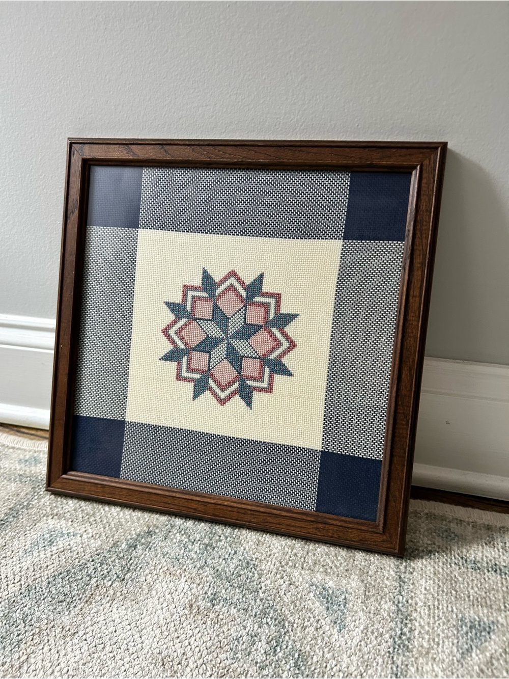 Vintage Framed Cross Stitch Wall Art - Geometric Patchwork Star